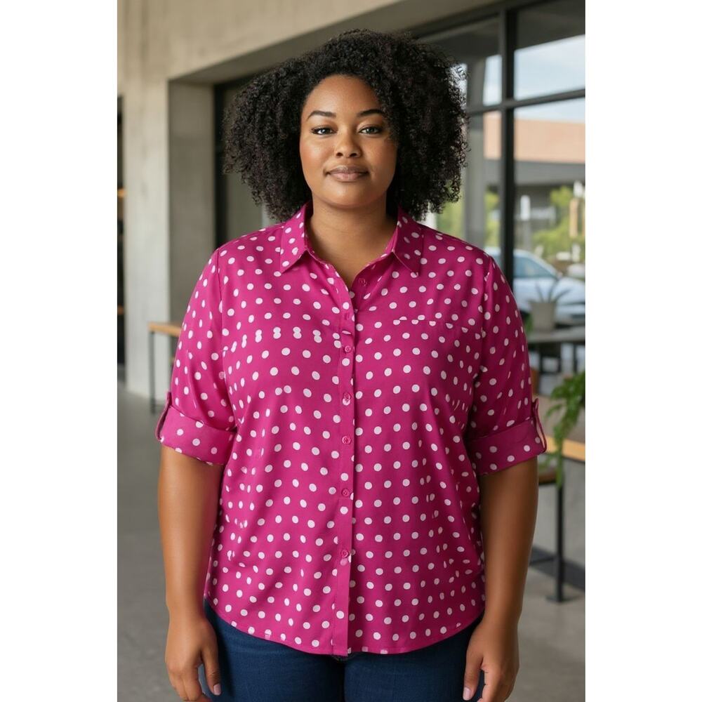 Susan Graver Preowned Womens 1X Pink White Polka Dot 3/4 Ruched Sleeve Blouse